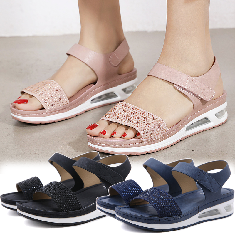 36-42 Air Cushion Sandals for Women Stitching Wedge Soft Comfy Shiny Rhinestone Ladies Shoes Leisure Popular Style Office Wear Korean